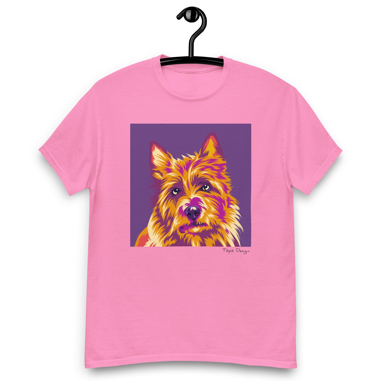 Vaaleanpunainen koirapaita Australianterrierin Pop Art kuvalla. Printin väri violetti.