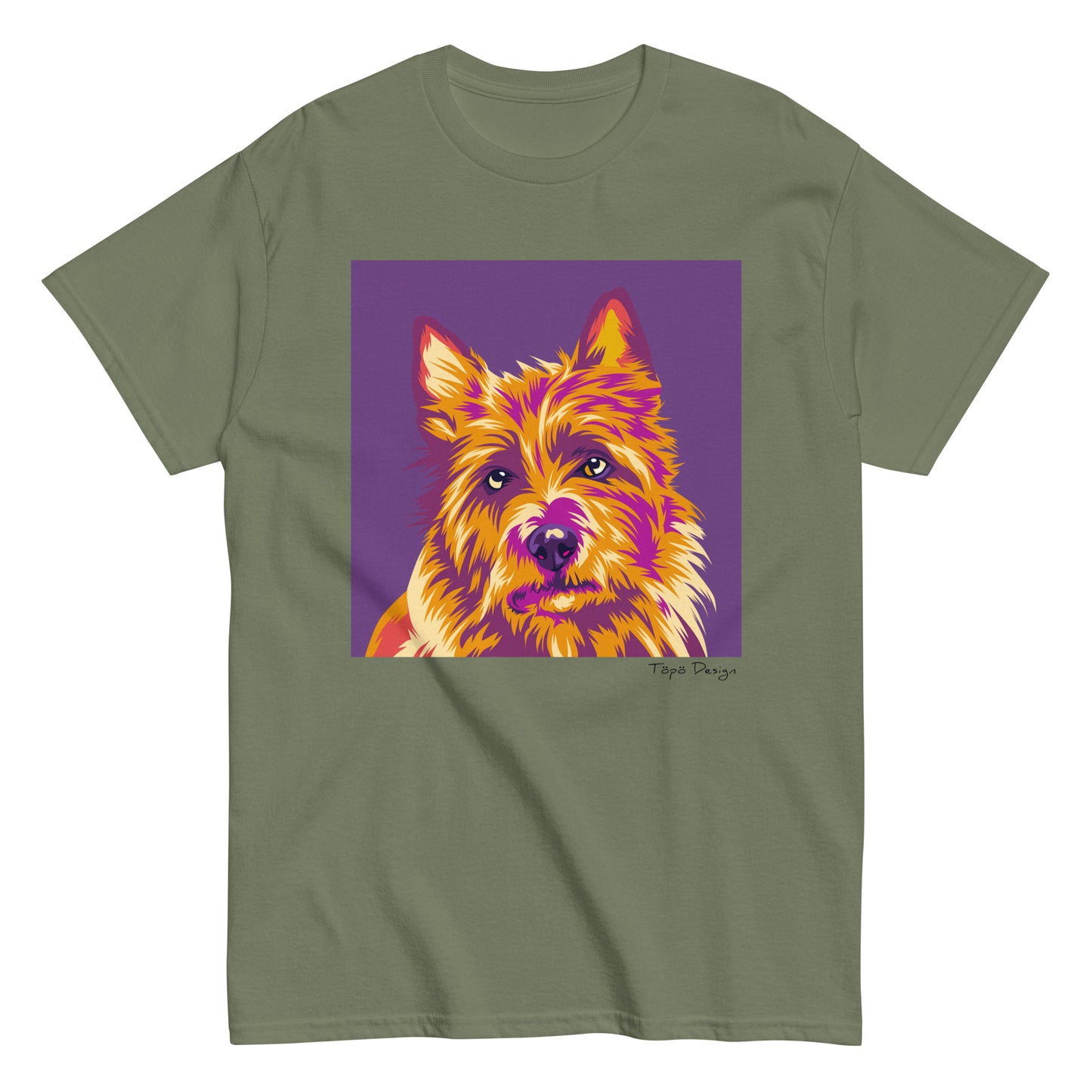 Vihreä koirapaita Australianterrierin Pop Art kuvalla. Printin väri violetti.