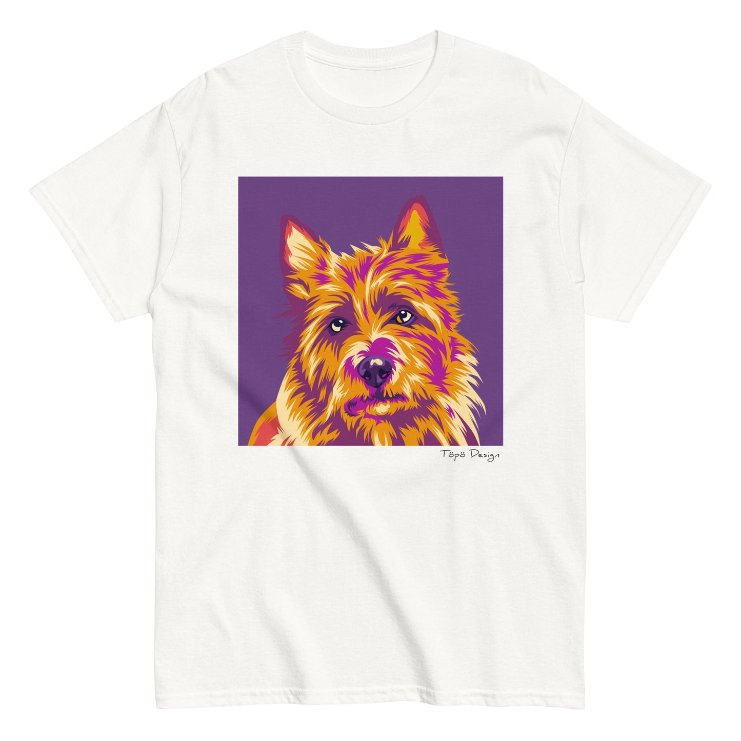 Puhtaanvalkoinen koirapaita Australianterrierin Pop Art kuvalla. Printin väri violetti.