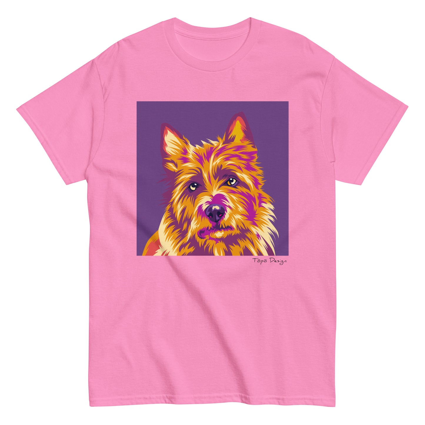 Vaaleanpunainen koirapaita Australianterrierin Pop Art kuvalla. Printin väri violetti.
