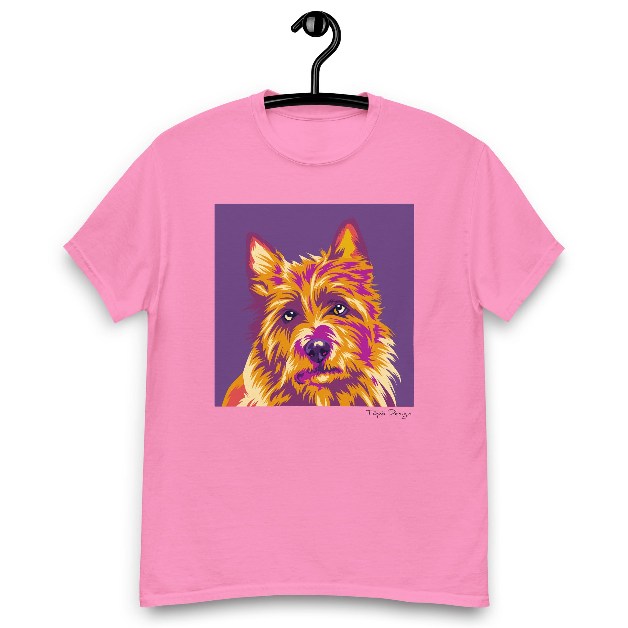 Vaaleanpunainen koirapaita Australianterrierin Pop Art kuvalla. Printin väri violetti.