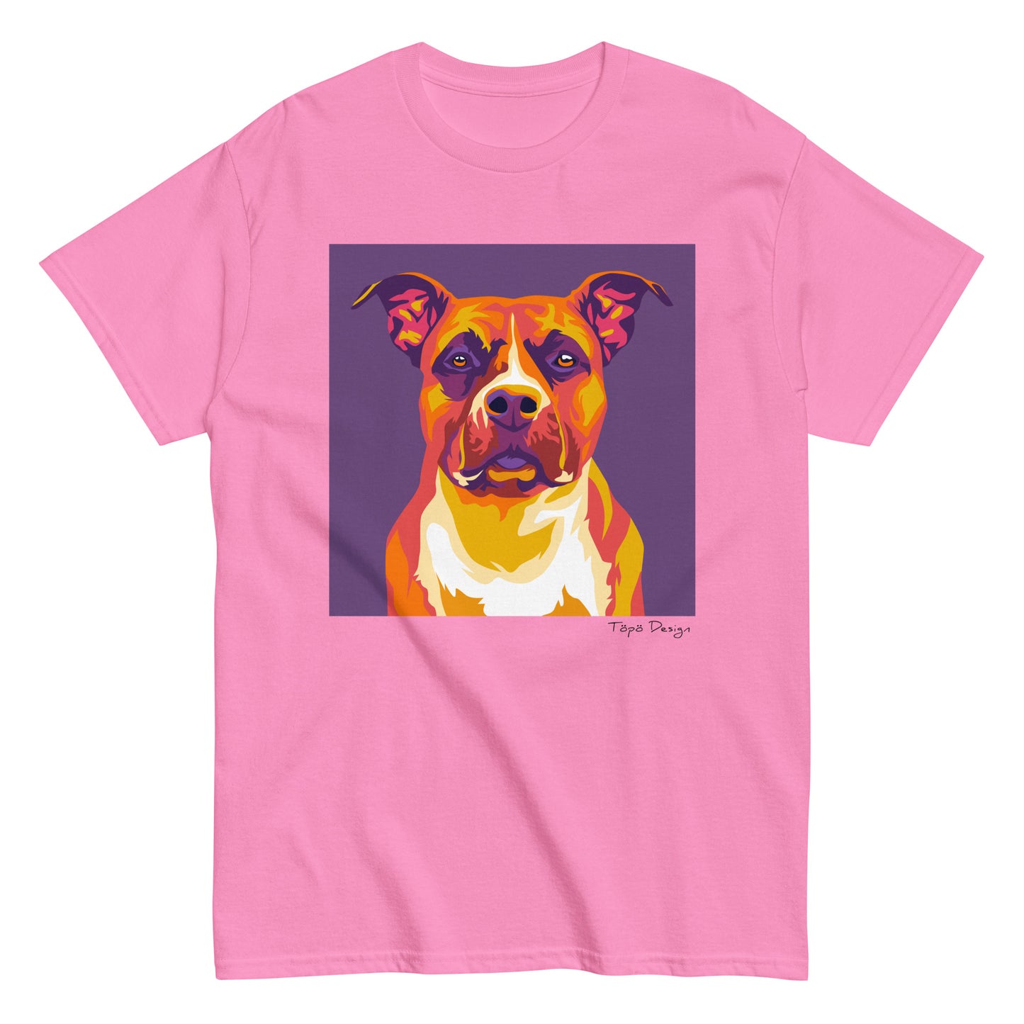 Vaaleanpunainen T-paita, Printti jossa Pop Art tyylinen amstaffi violetilla taustalla. 