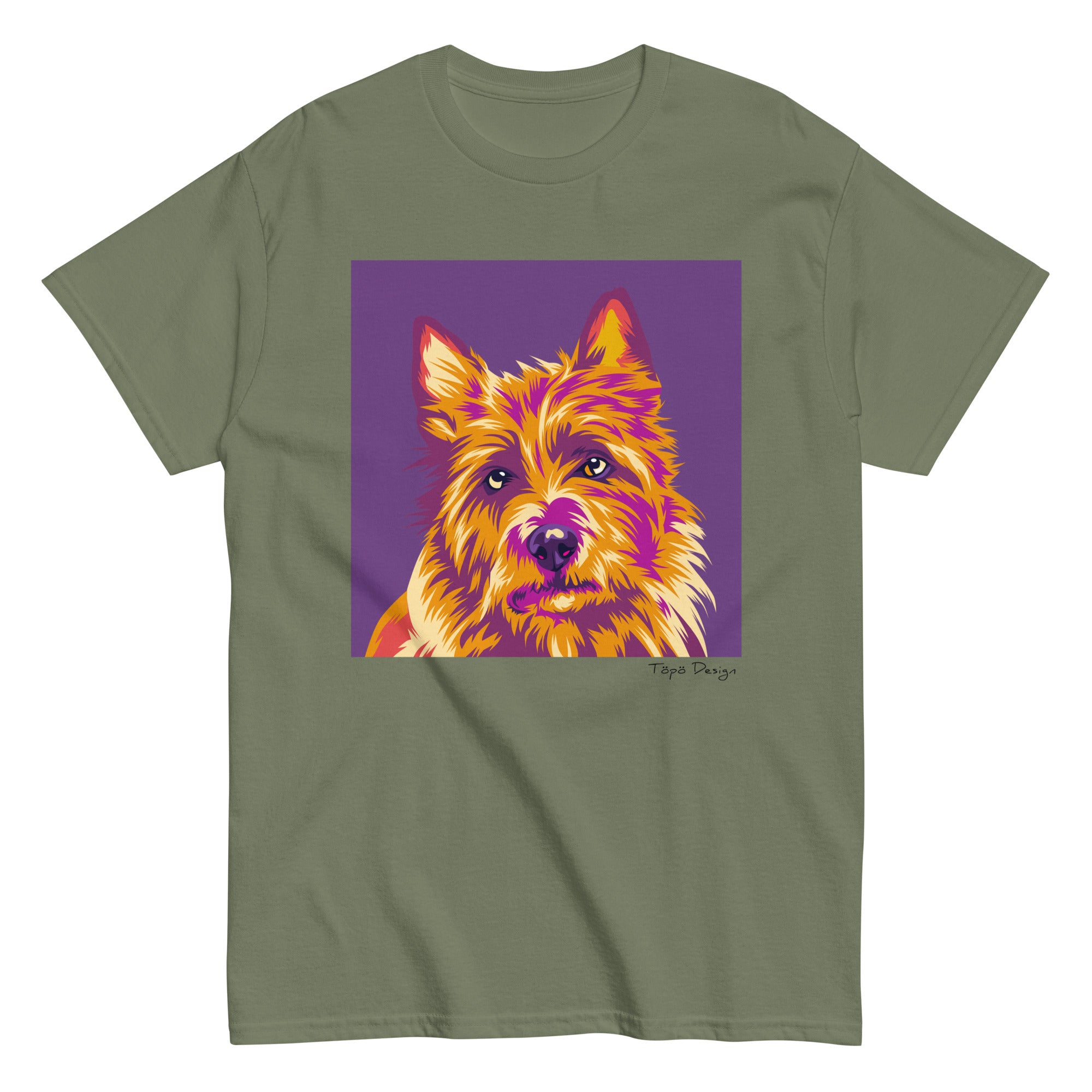Vihreä koirapaita Australianterrierin Pop Art kuvalla. Printin väri violetti.