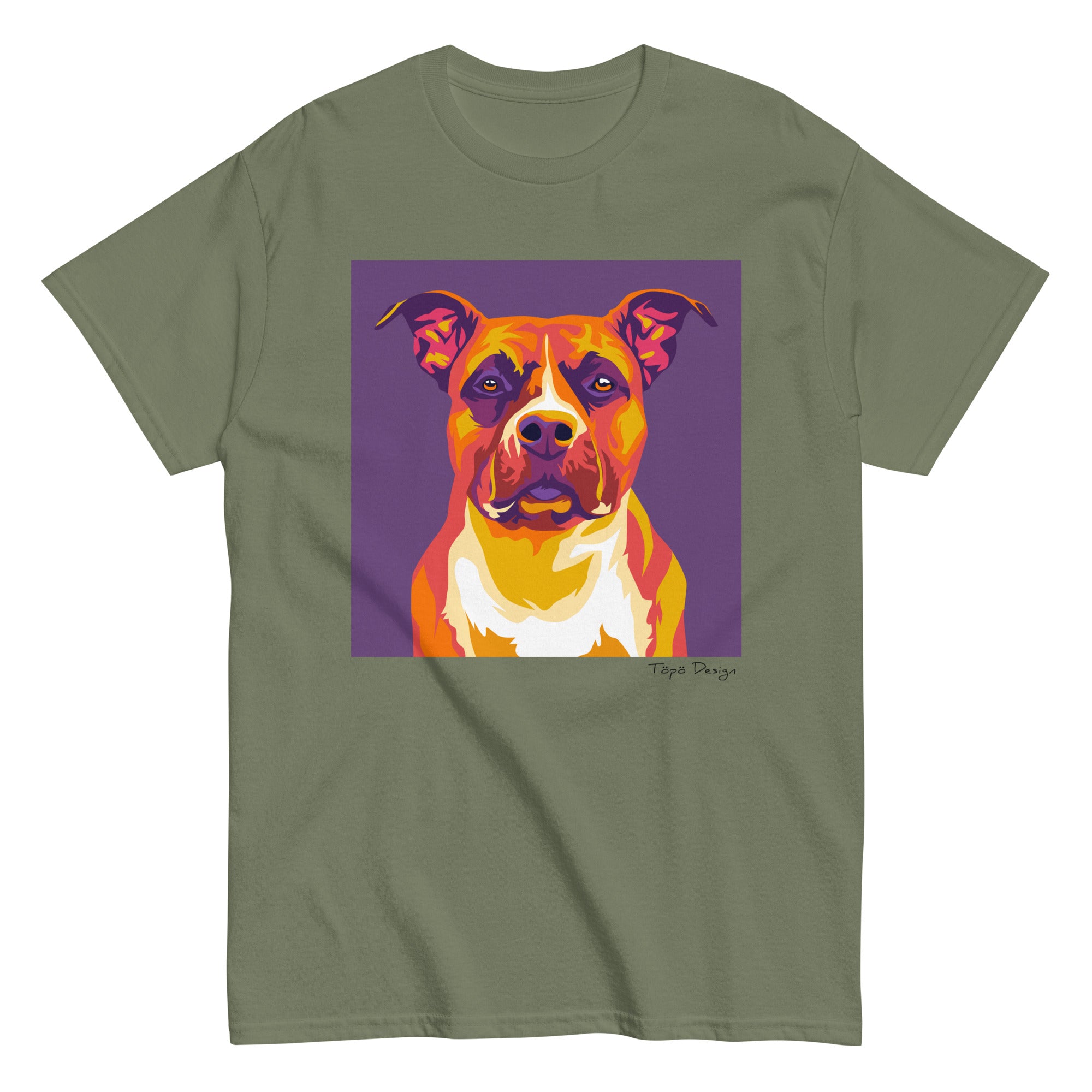 Vihreä T-paita, Paidassa printti jossa Pop Art tyylinen amstaffi violetilla taustalla. 