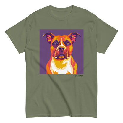 Vihreä T-paita, Paidassa printti jossa Pop Art tyylinen amstaffi violetilla taustalla. 