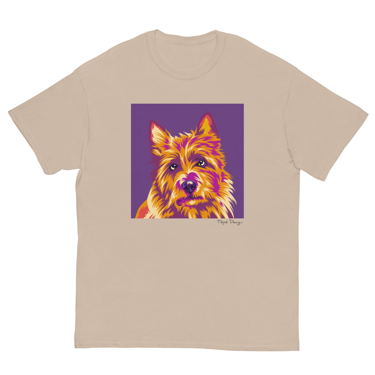 Beige koirapaita Australianterrierin Pop Art kuvalla. Printin väri violetti.