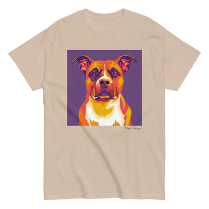 Beige T-paita, Printti jossa Pop Art tyylinen amstaffi violetilla taustalla. 