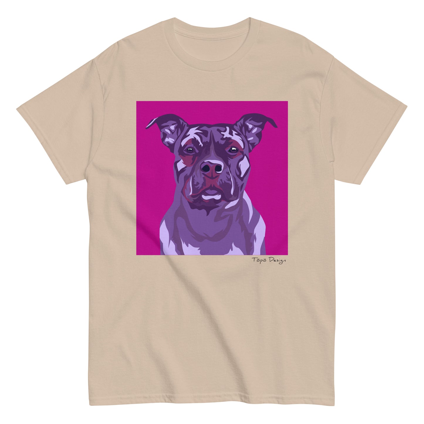 Beige  T-paita, Printti jossa Pop Art tyylinen mustan sävyinen amstaffi pinkillä taustalla