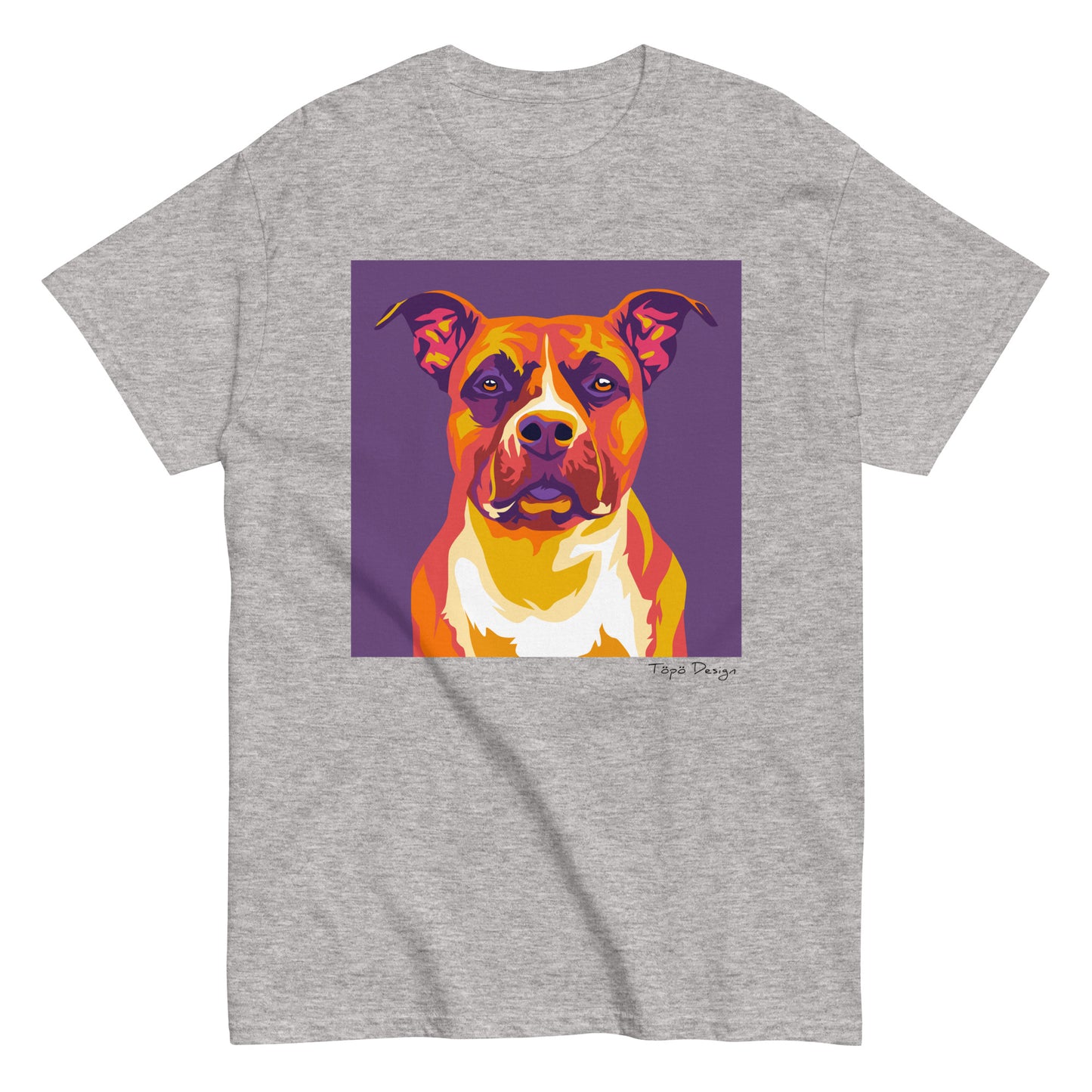 Harmaa T-paita, Printti jossa Pop Art tyylinen amstaffi violetilla taustalla. 