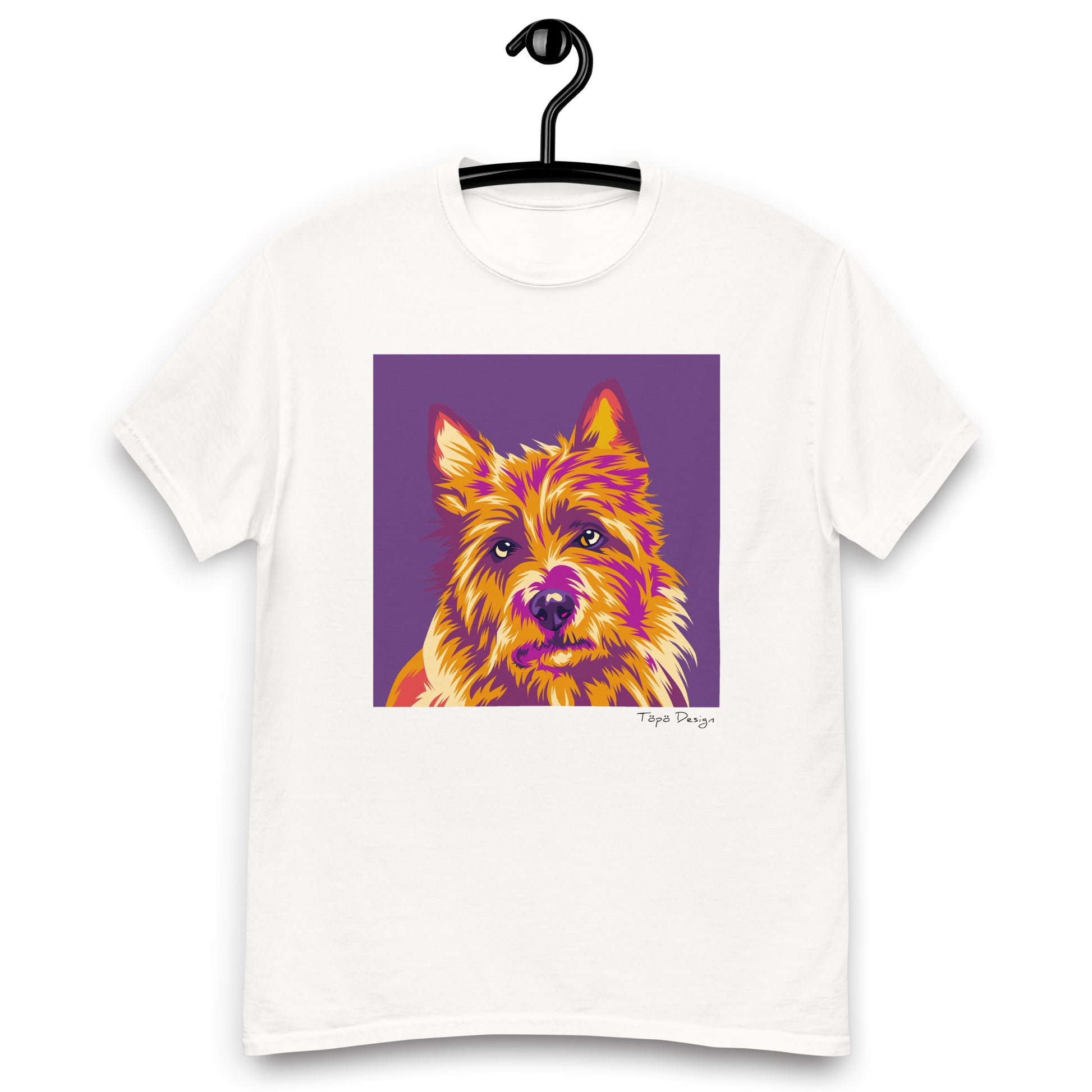 Puhtaanvalkoinen koirapaita Australianterrierin Pop Art kuvalla. Printin väri violetti.