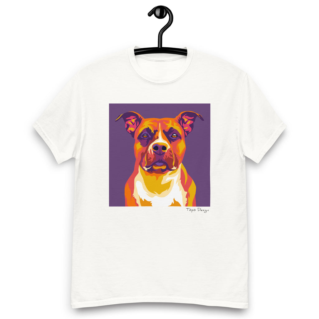 Puhtaanvalkoinen T-paita, Printti jossa Pop Art tyylinen amstaffi violetilla taustalla. 