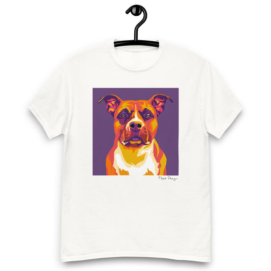 Puhtaanvalkoinen T-paita, Printti jossa Pop Art tyylinen amstaffi violetilla taustalla. 
