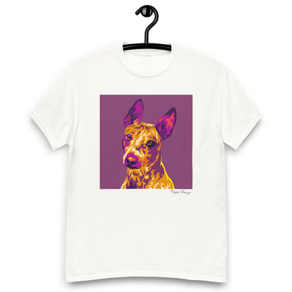 Puhtaanvalkoinen T-paita, Printti jossa Pop Art tyylinen amerikankarvatonterrieri violetilla taustalla. 